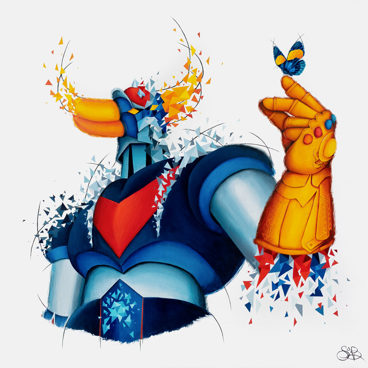 Goldorak infitity par Sabrina Beretta - Mash up entre Goldorak et Avengers Infinity War, référence à Thanos et son gant de l'infini
