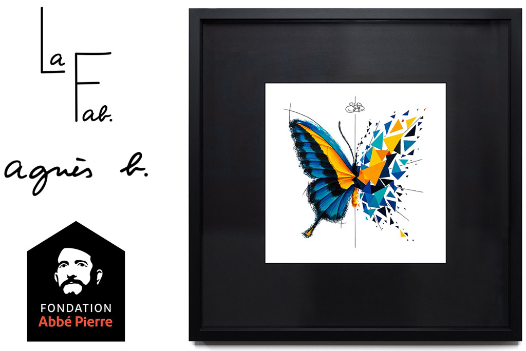 photo de l'effet papillon de sabrina beretta et logo de la fab. agnesb et de fondation abbé pierre